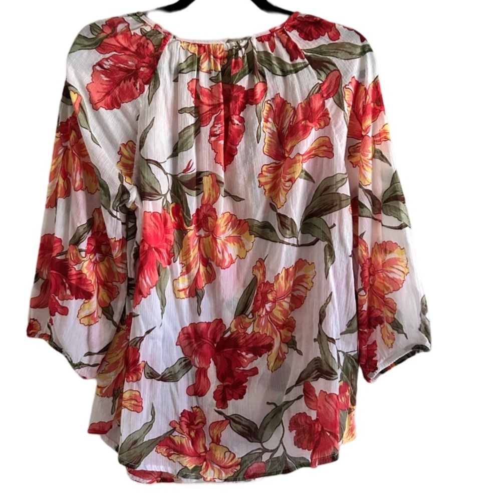 Chaps 100% Cotton White Floral Tropical Vacation Top Blouse - Picture 5 of 11
